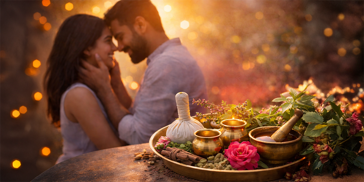 Couple sharing intimate moment with Ayurvedic herbs and wellness ingredients symbolizing relationship health and sexual wellbeing