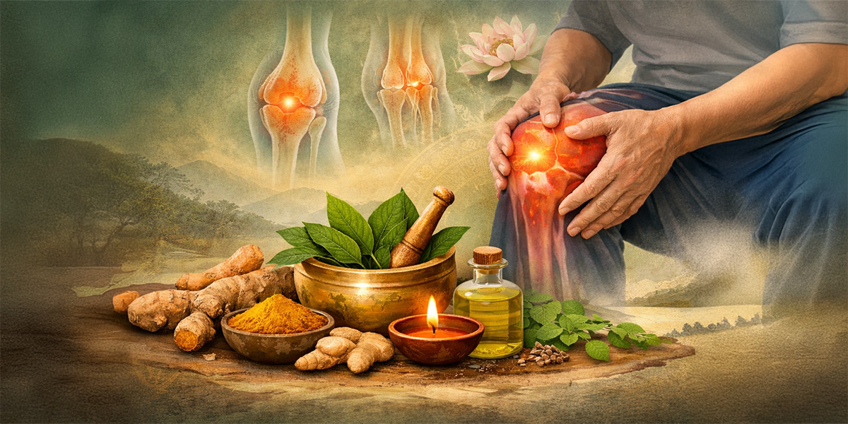 Person holding painful knee joint with Ayurvedic herbs, oils, and natural ingredients representing integrative joint pain and arthritis care