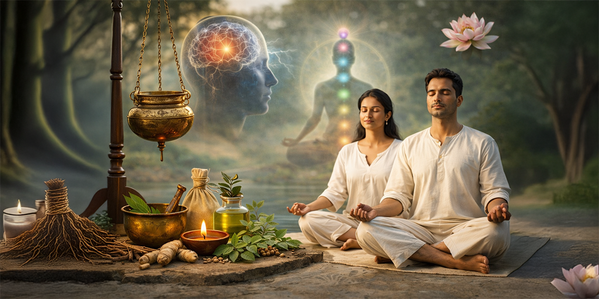 Meditation and Ayurvedic Panchakarma therapy setup with herbs, oils, and Shirodhara equipment representing stress relief and mental wellbeing