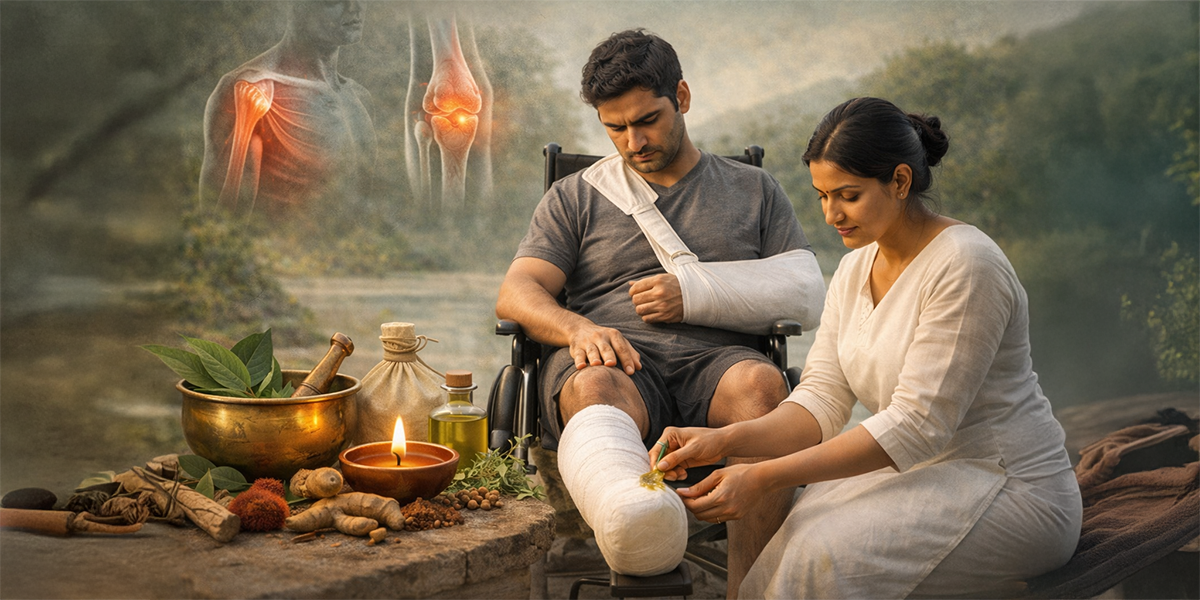 Person recovering from injury with leg cast and arm sling receiving Ayurvedic herbal care during rehabilitation