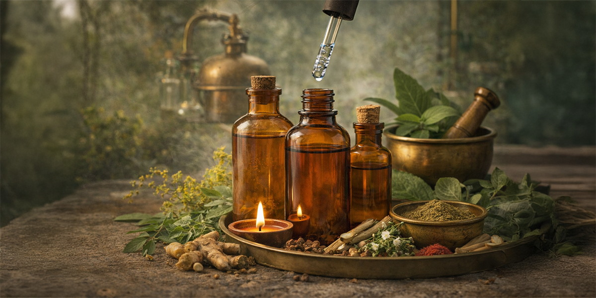 Ayurvedic herbal distillates and Arka medicine preparation with dropper bottles, herbs, and traditional distillation setup