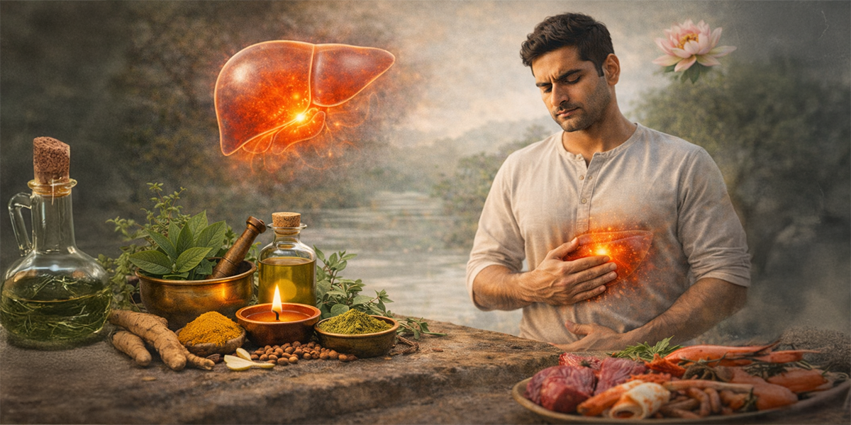 Person holding abdomen with illustrated liver inflammation alongside Ayurvedic herbs and natural ingredients for liver health support