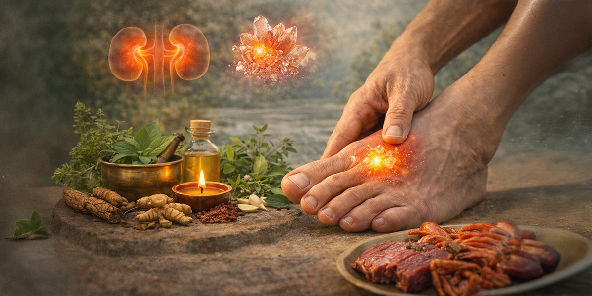 Person experiencing gout pain in foot with Ayurvedic herbs and foods associated with uric acid metabolism