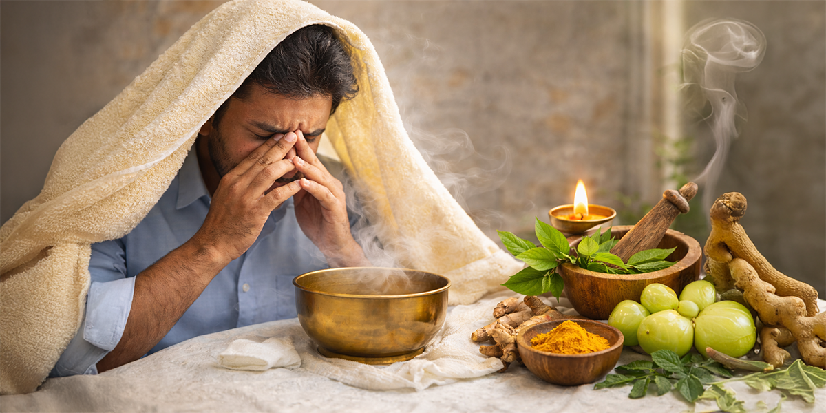 Person inhaling herbal steam for sinus congestion relief with Ayurvedic herbs and natural ingredients