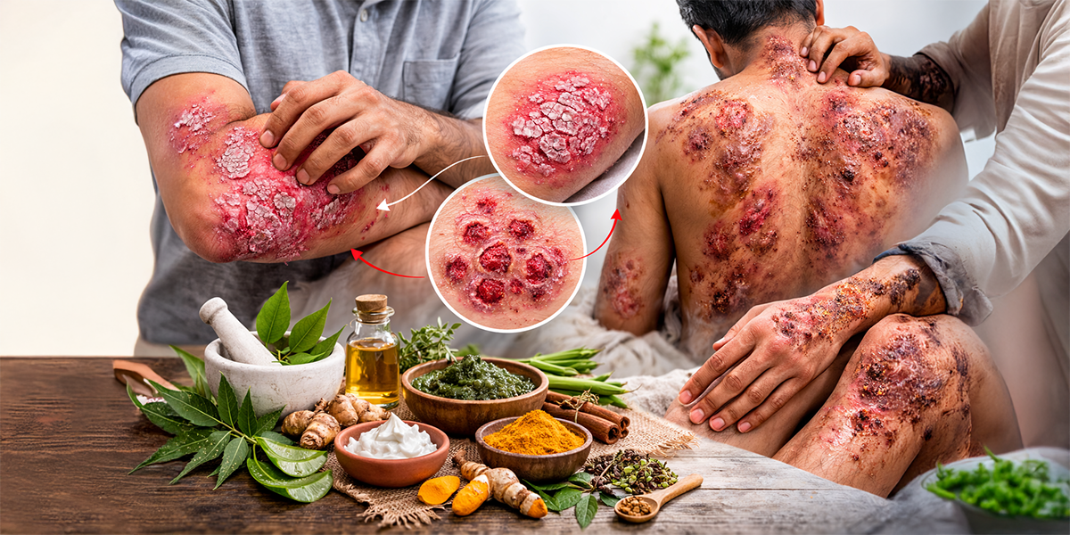 Psoriasis skin plaques with Ayurvedic herbs and natural ingredients representing integrative Ayurvedic support for skin health