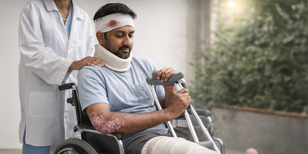 Patient recovering after accident in wheelchair with crutches and medical support during rehabilitation