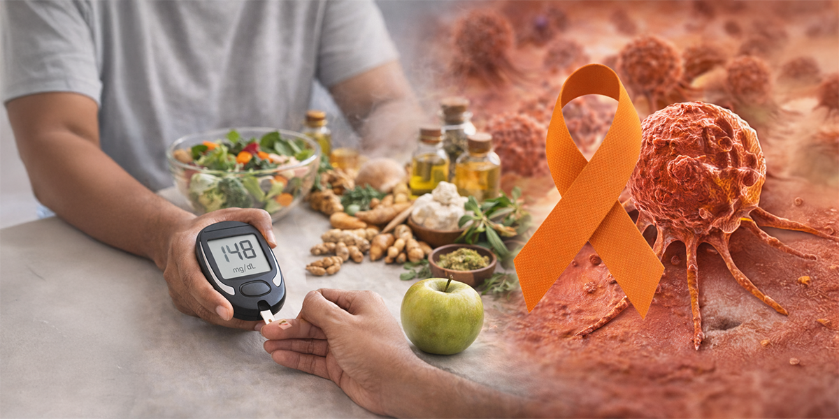 Blood sugar testing with healthy foods and cancer awareness ribbon illustrating the relationship between diet, metabolism, and cancer risk