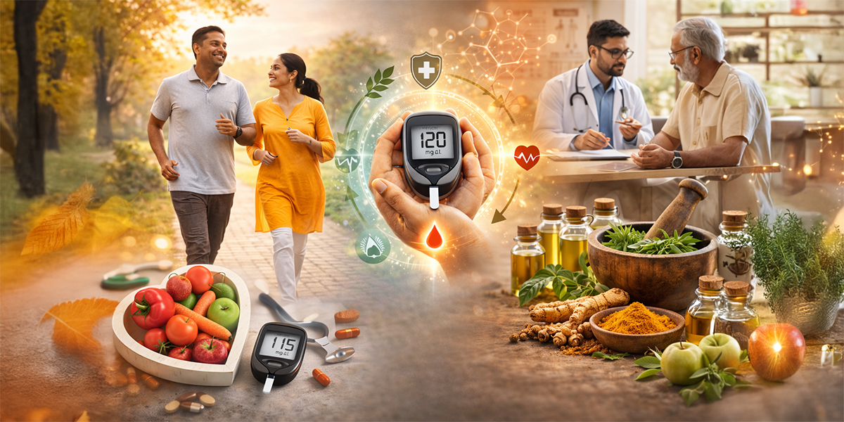 Healthy lifestyle, nutrition, glucometer monitoring, and herbal remedies illustrating an integrative approach to diabetes management