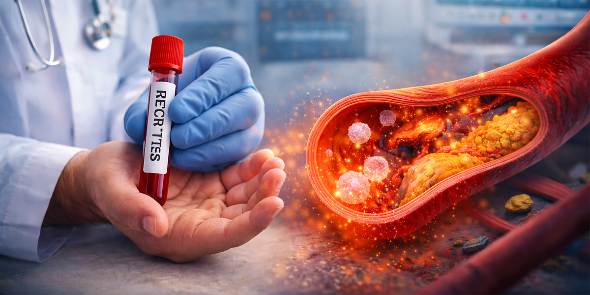 Doctor holding hs-CRP blood test sample with illustration of inflamed artery plaque representing cardiovascular inflammation risk