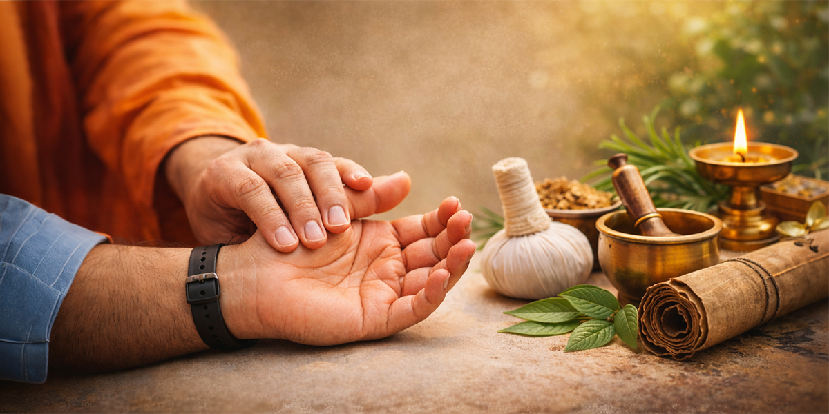 Ayurvedic practitioner performing Nadi Pariksha pulse diagnosis with traditional herbs and Ayurvedic tools