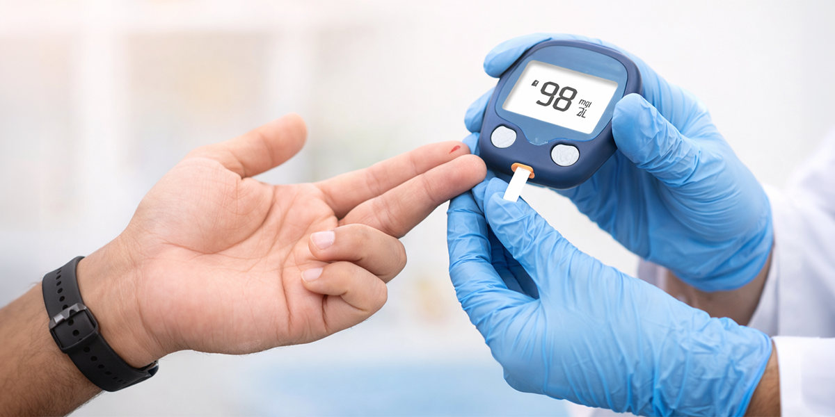 Healthcare professional checking blood glucose with glucometer during diabetes monitoring