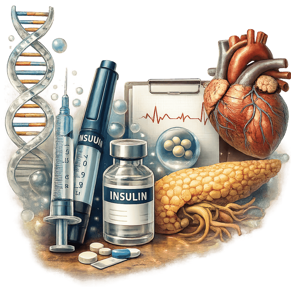 Medical illustration showing insulin, pancreas, and blood sugar monitoring tools representing diabetes and metabolic health.