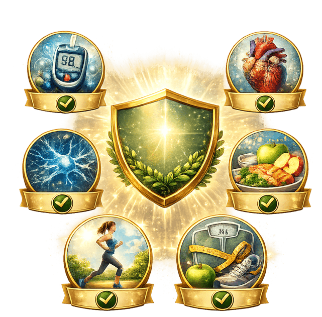 Illustration showing diabetes monitoring, heart health, exercise, and nutrition representing comprehensive metabolic health management.