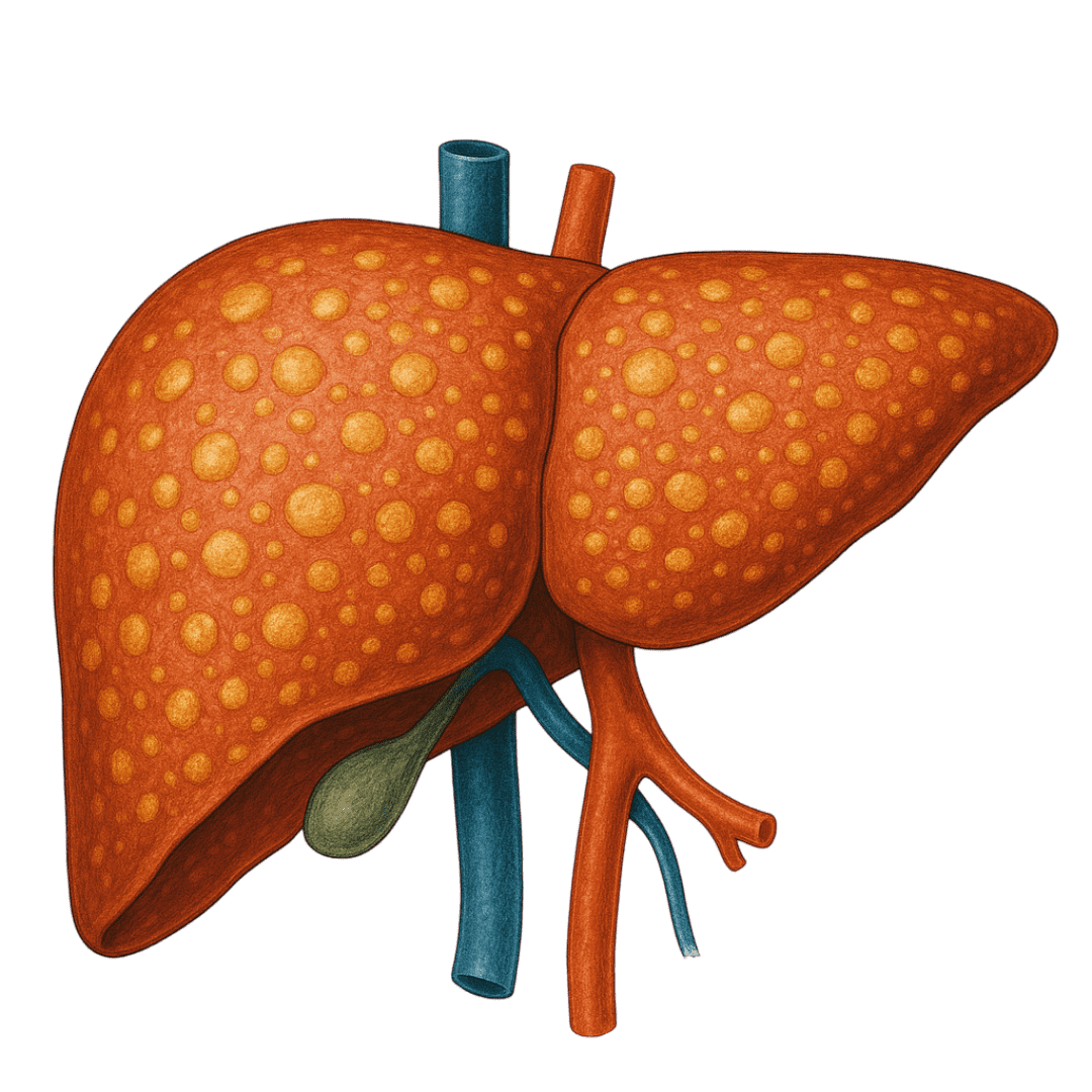 Medical illustration of a fatty liver showing fat accumulation in liver tissue representing hepatic steatosis.
