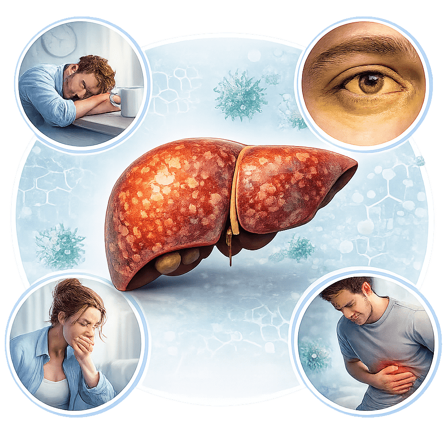Illustration of a liver with surrounding health indicators representing improved digestion, reduced inflammation, and liver recovery support.