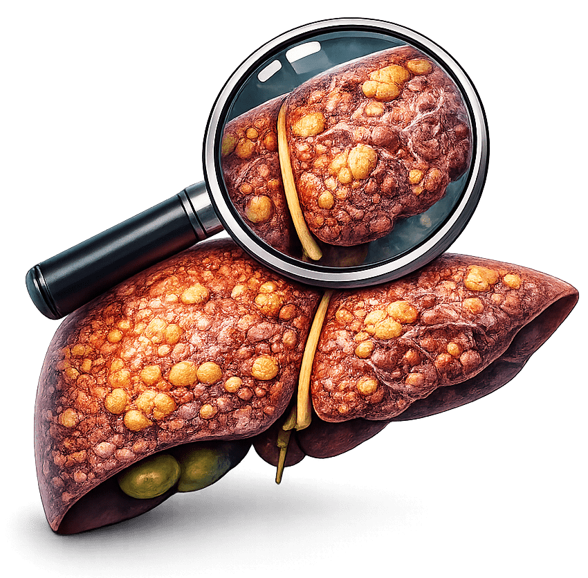 Medical illustration of a cirrhotic liver with scar tissue examined under a magnifying glass representing liver cirrhosis.