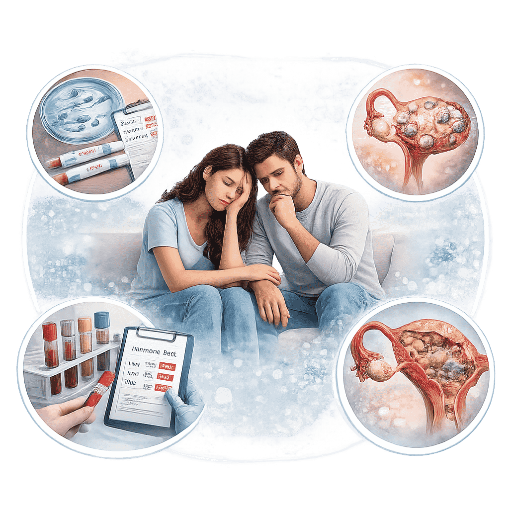 Couple consulting about fertility with illustrations of reproductive health indicators and laboratory tests.