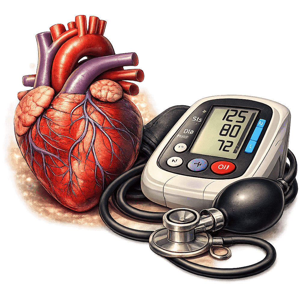 Illustration of the human heart with a blood pressure monitor representing cardiovascular health and heart care.