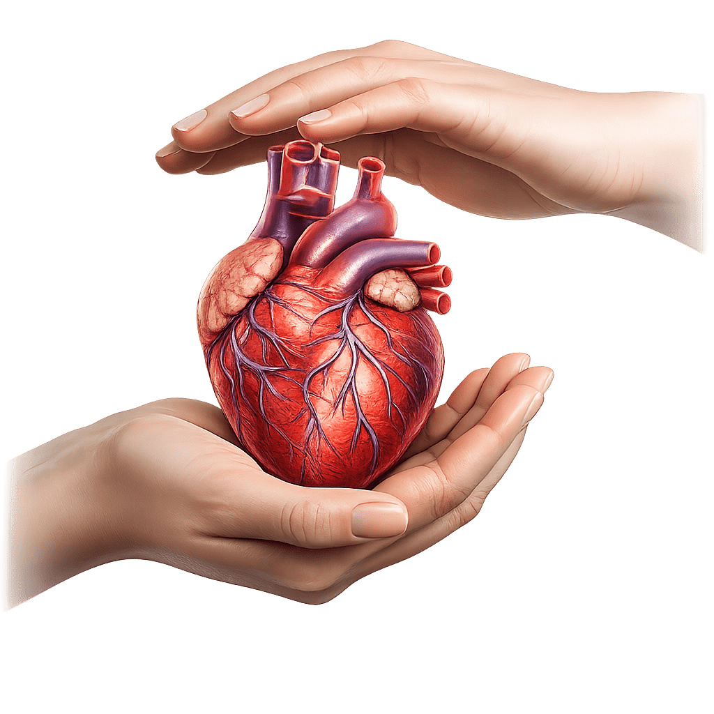 Hands gently holding an anatomical heart illustration symbolizing protection and support for heart health.