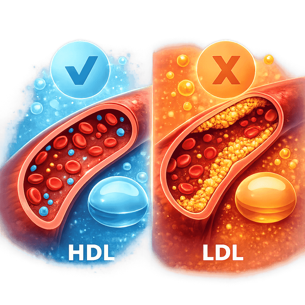 Illustration comparing healthy HDL cholesterol and plaque-forming LDL cholesterol inside blood vessels.