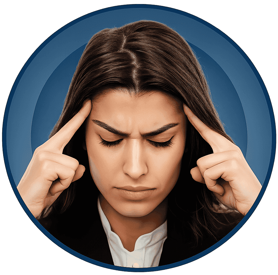 Woman pressing her temples with a pained expression representing migraine headache and head pressure.
