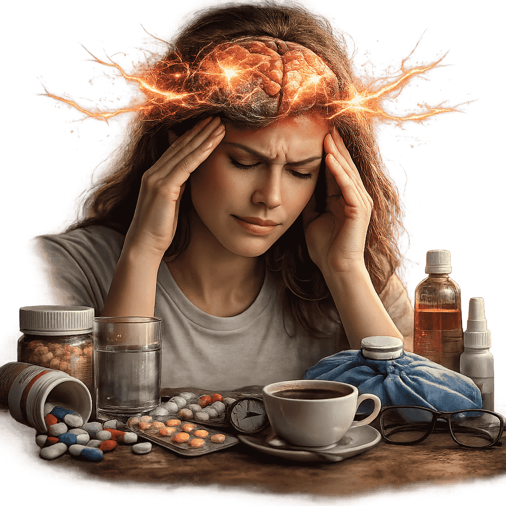 Woman experiencing severe migraine with head pain while surrounded by medication and remedies representing migraine symptoms.
