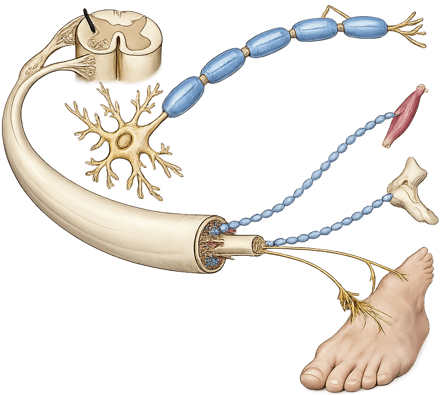 Illustration of peripheral nerves connected to the foot showing nerve damage and sensory disruption associated with neuropathy.