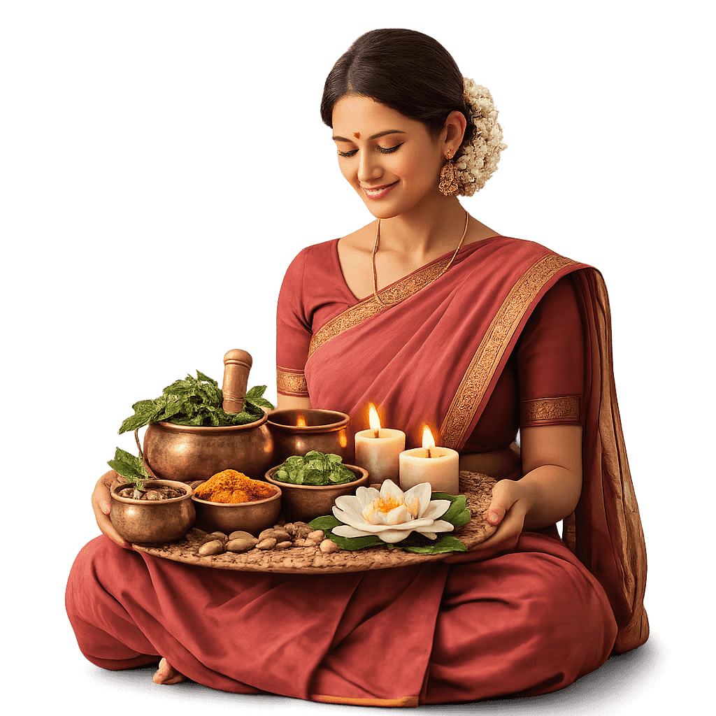 Woman in traditional attire holding Ayurvedic herbs and oils representing holistic reproductive and intimate wellness care.