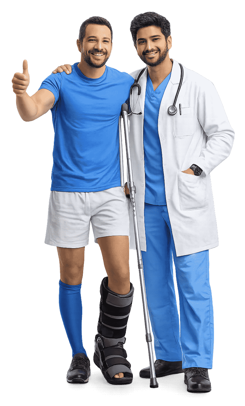 Patient recovering from injury standing beside a doctor with a crutch, representing post-accident rehabilitation and recovery care.