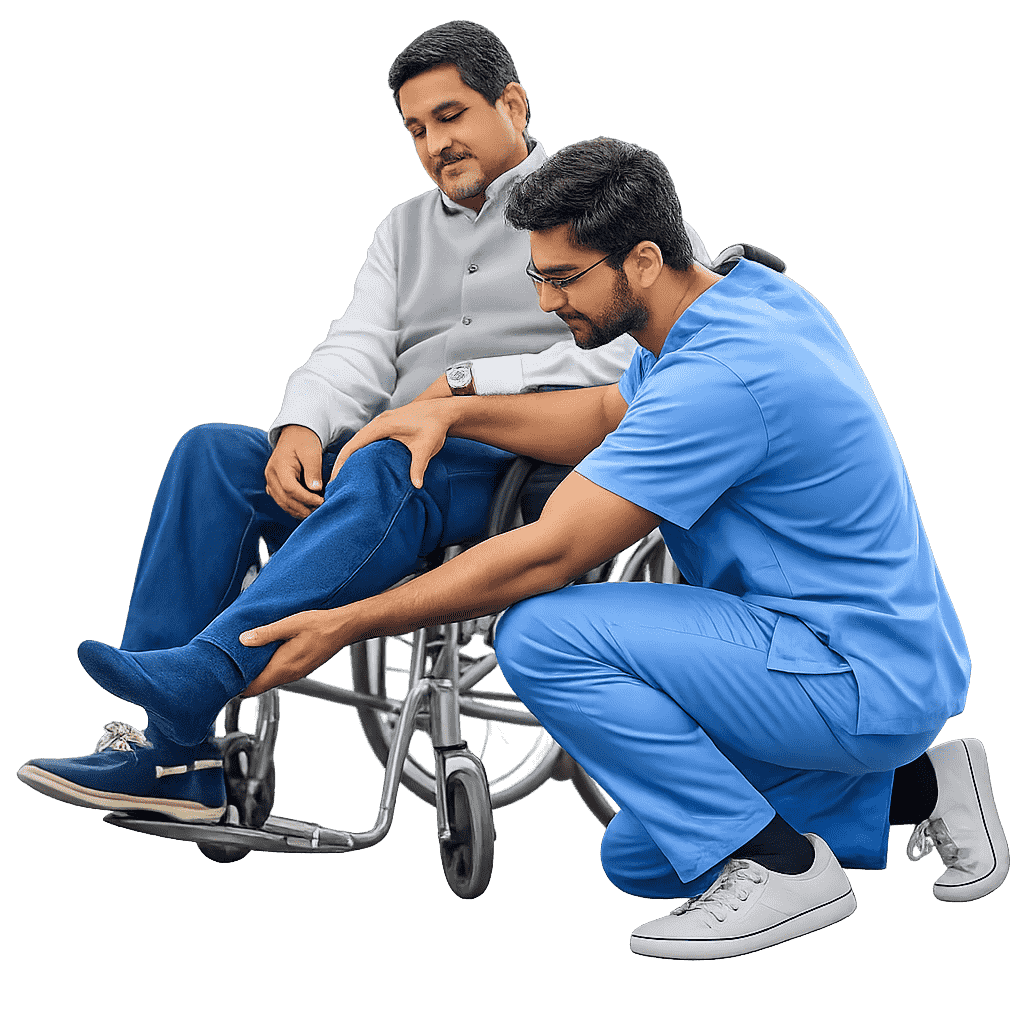 Doctor assisting a patient in a wheelchair during rehabilitation therapy after injury or accident.