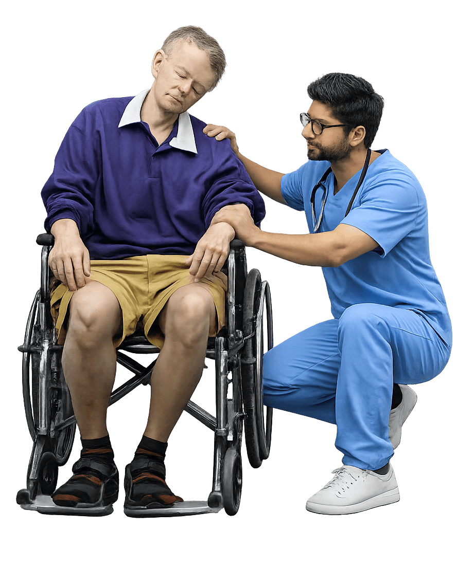 Physiotherapist assisting a patient with Parkinson’s disease during mobility rehabilitation and movement support.
