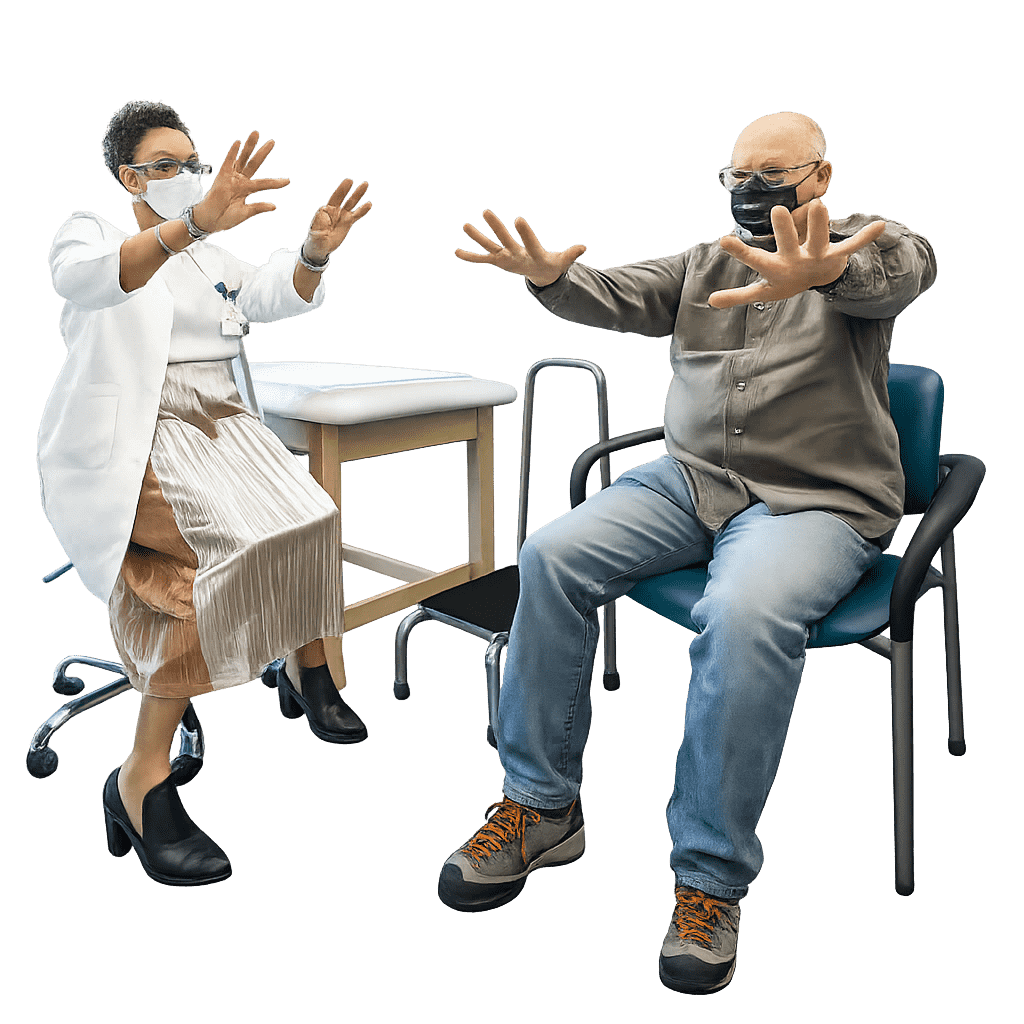 Doctor guiding a patient with Parkinson’s disease through seated coordination and balance exercises during therapy.