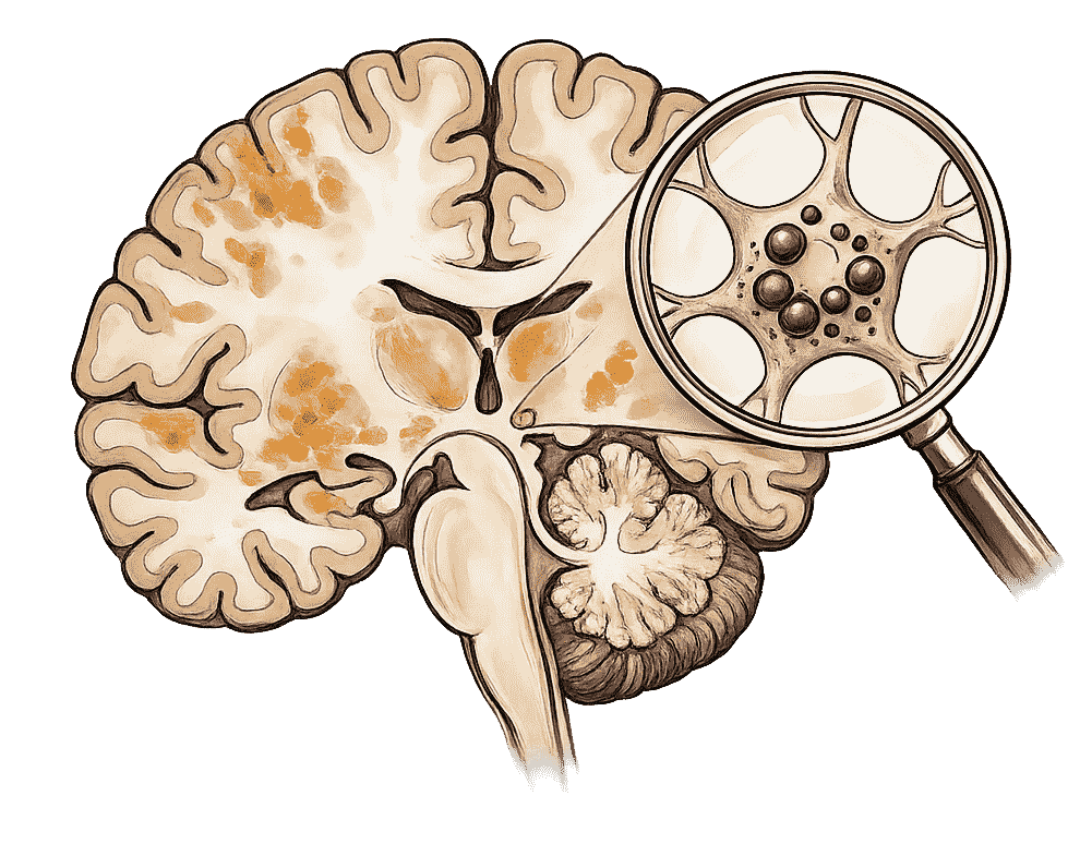 Brain imaging illustration representing neurological degeneration and cognitive decline associated with brain atrophy.