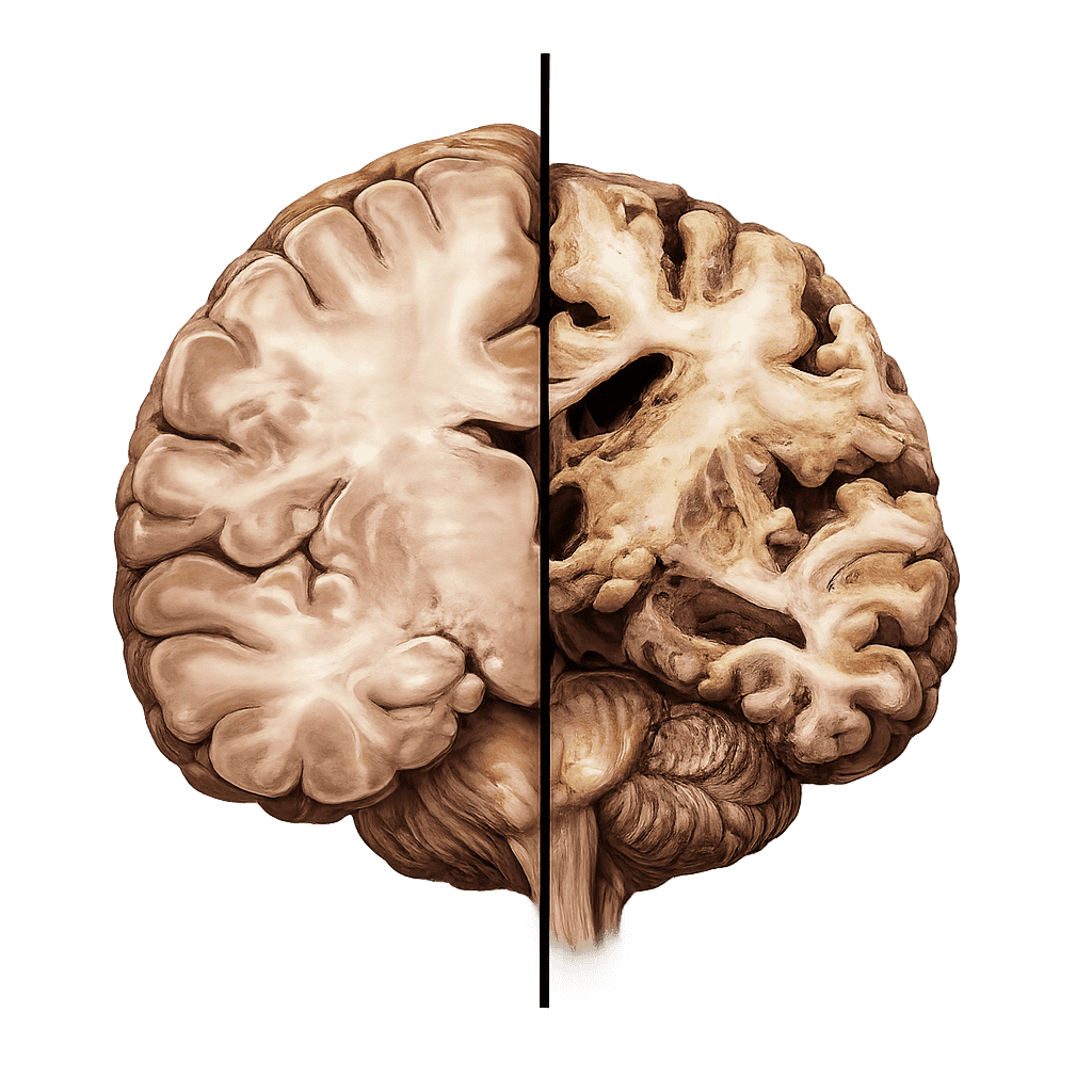 Comparison illustration of a healthy brain and a brain affected by Alzheimer’s disease representing cognitive decline and memory impairment.