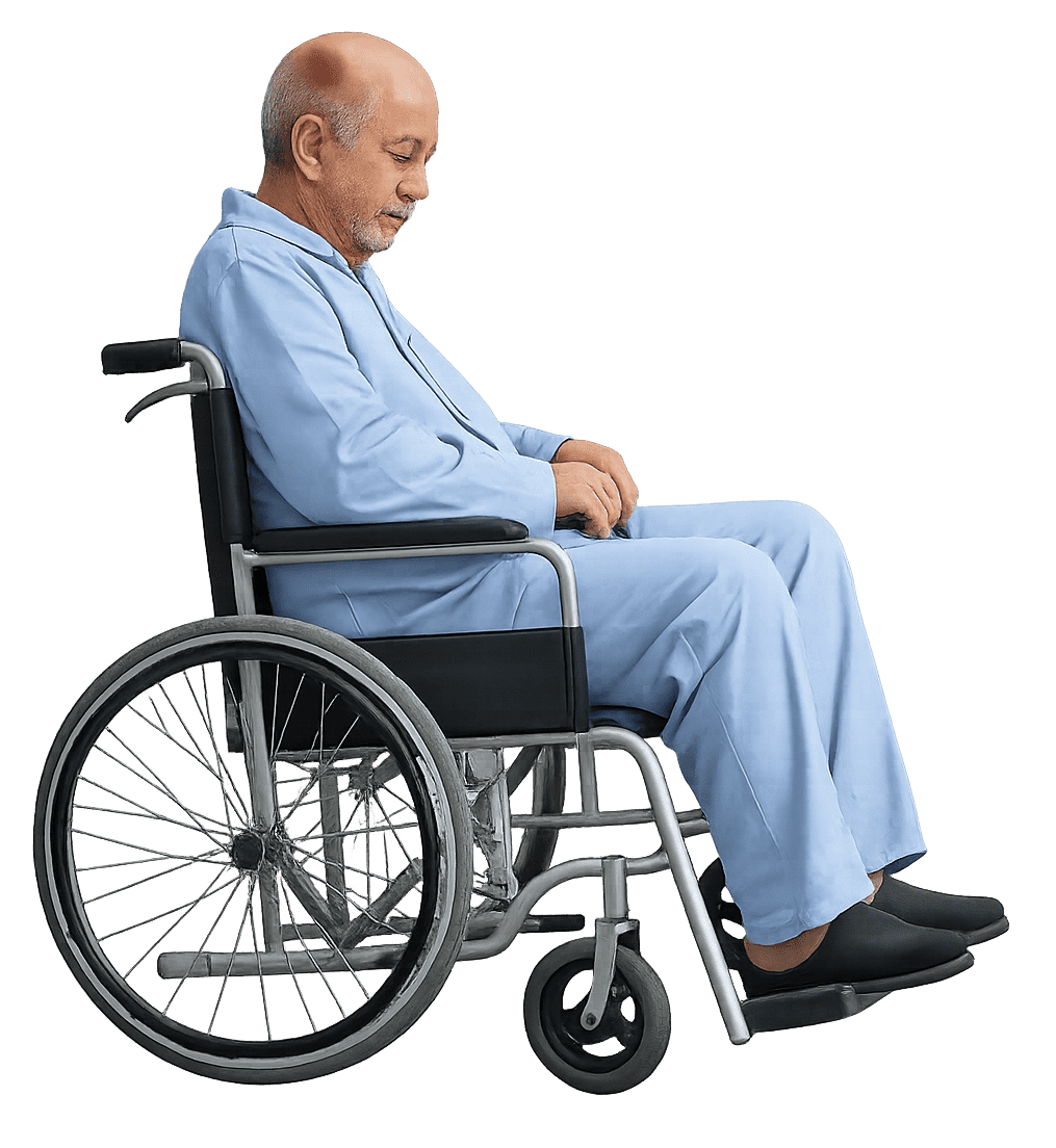Elderly man seated in a wheelchair representing recovery support and rehabilitation after stroke or paralysis.