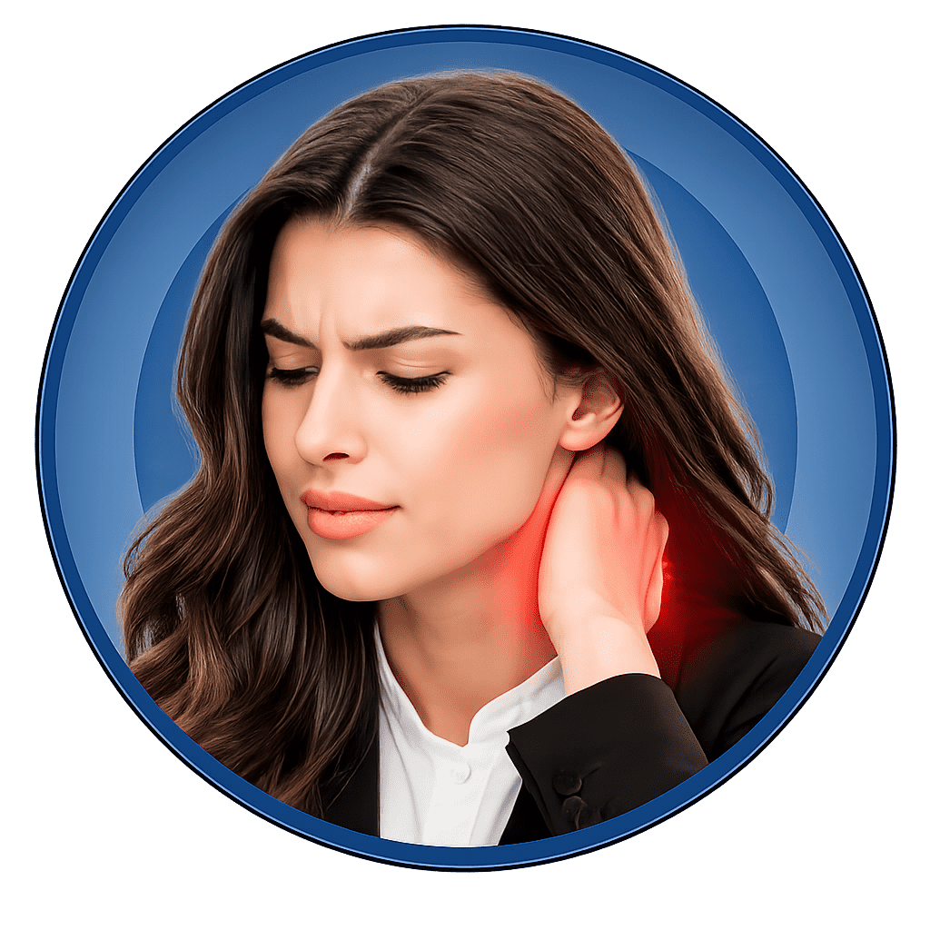 Woman holding the side of her neck with highlighted pain area representing reduced neck stiffness and improved mobility.
