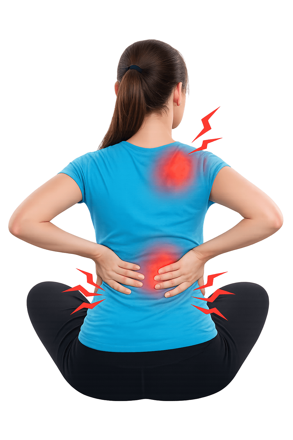 Woman holding her lower back with highlighted pain points along the spine, representing back pain and spinal discomfort.