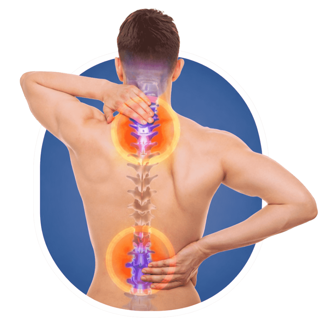 Illustration of a person touching painful areas along the spine showing neck and lower back discomfort related to back pain.