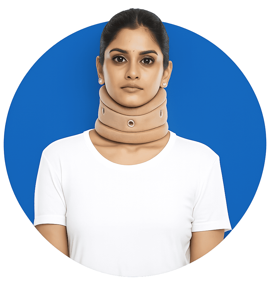 Woman wearing a neck brace to support cervical spine, representing cervical spondylitis and neck pain management.
