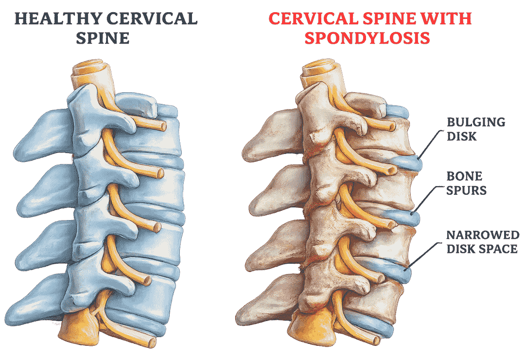 Medical illustration comparing healthy cervical spine and cervical spondylosis showing disc degeneration, bone spurs, and narrowed disc space.