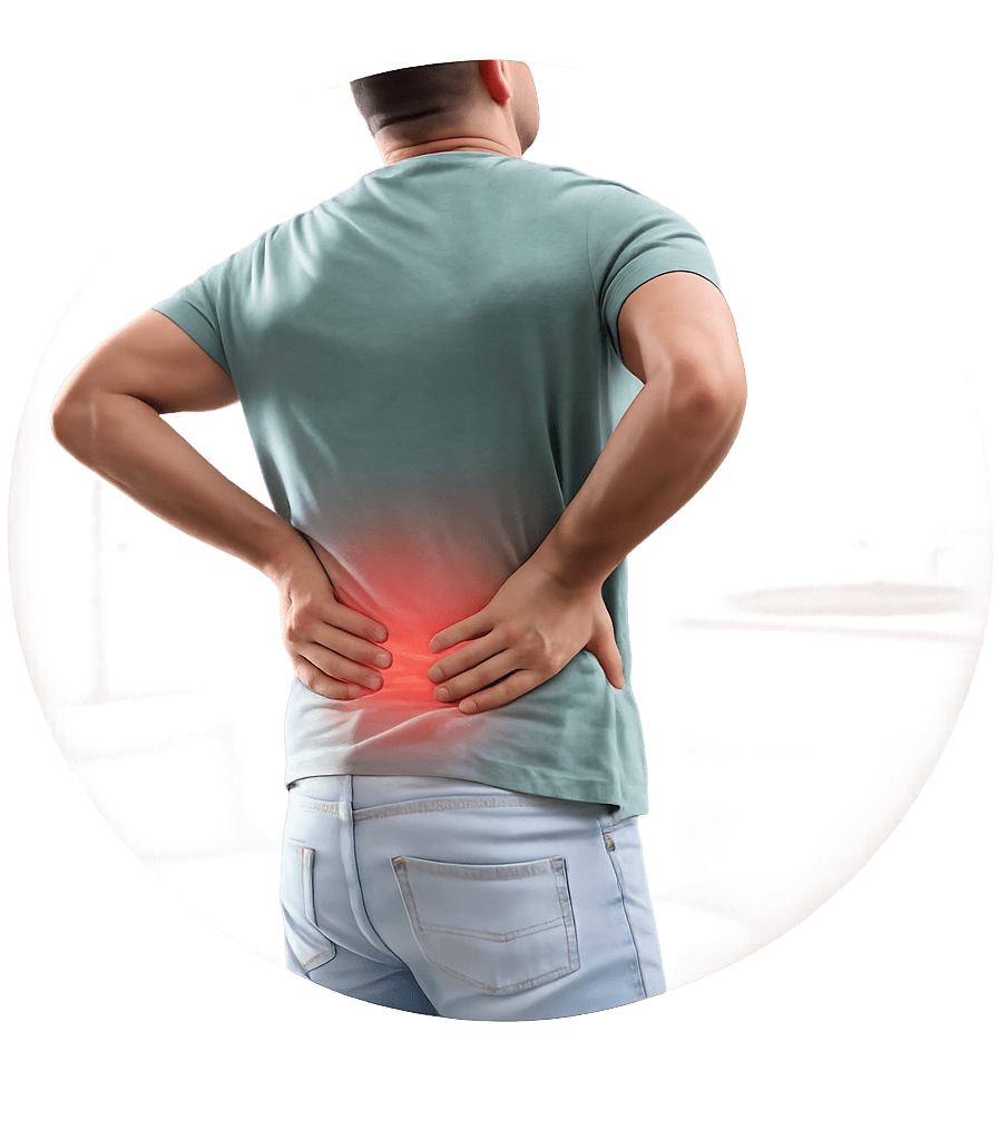 Man holding his lower back with highlighted lumbar spine area indicating lumbar spondylitis pain and spinal discomfort.