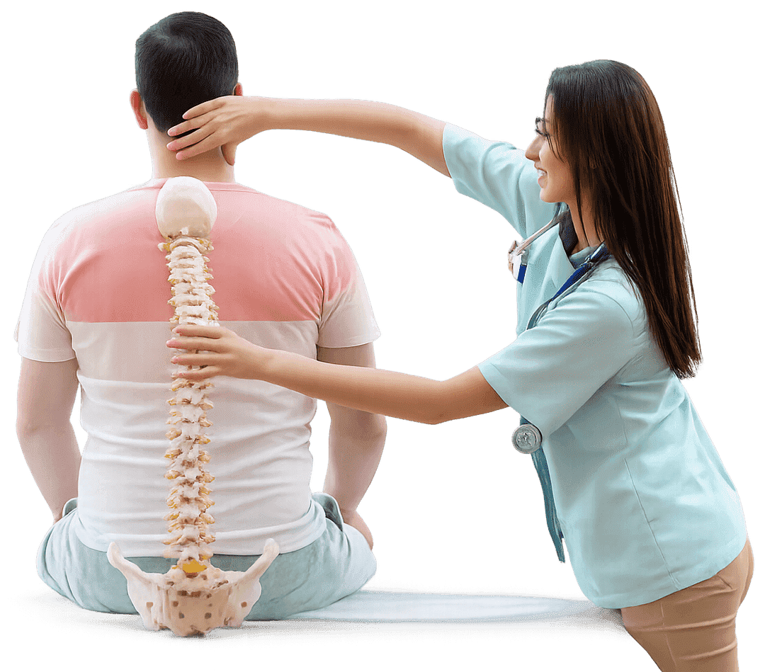 Physiotherapist examining a patient’s spine with anatomical spine model, representing improved mobility, reduced lower back pain, and spinal support.