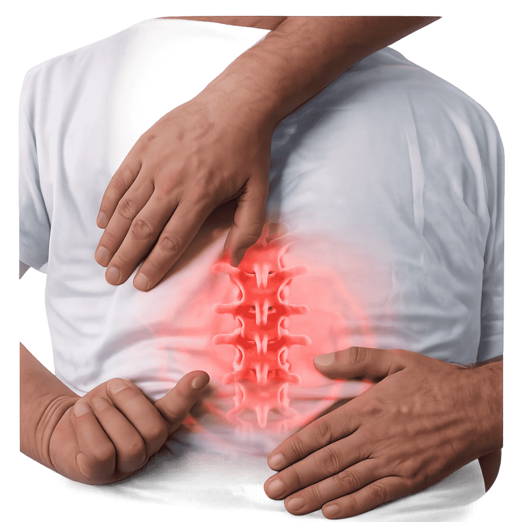 Person holding lower back with highlighted spine indicating ankylosing spondylitis inflammation and spinal stiffness.