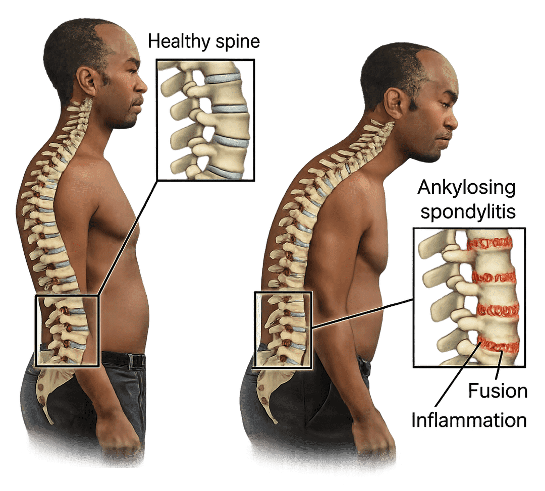 Medical illustration comparing healthy spine and ankylosing spondylitis with inflammation and spinal fusion affecting posture and mobility.