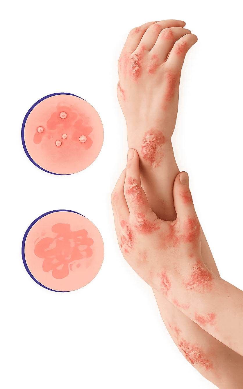 Hands showing red inflamed psoriasis patches with skin irritation and scaling, representing chronic inflammatory skin condition.