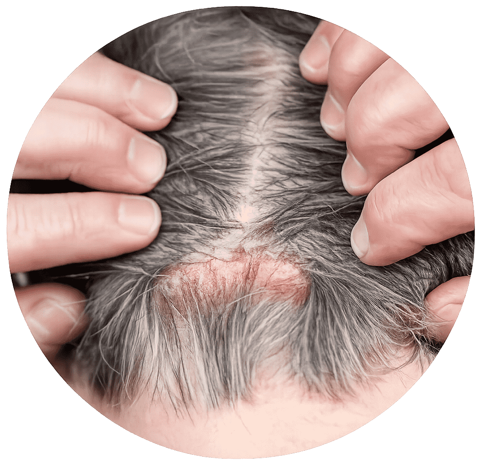 Close-up of scalp psoriasis with red scaly patches, representing care focused on reducing itching, scaling, and skin discomfort.