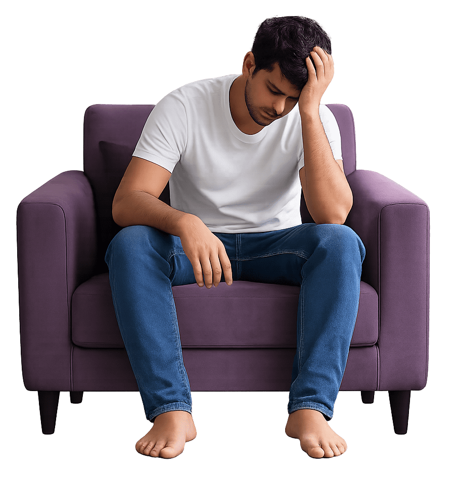 Man sitting on a chair looking stressed, representing erectile dysfunction concerns and emotional impact on men's health.