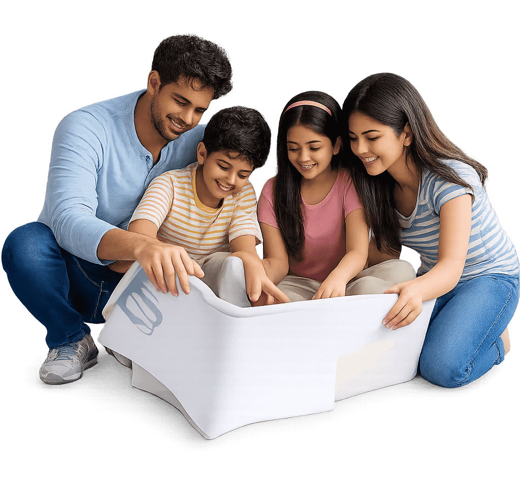 Family sitting together reviewing plans, representing improved confidence, vitality, emotional wellbeing, and balanced lifestyle.