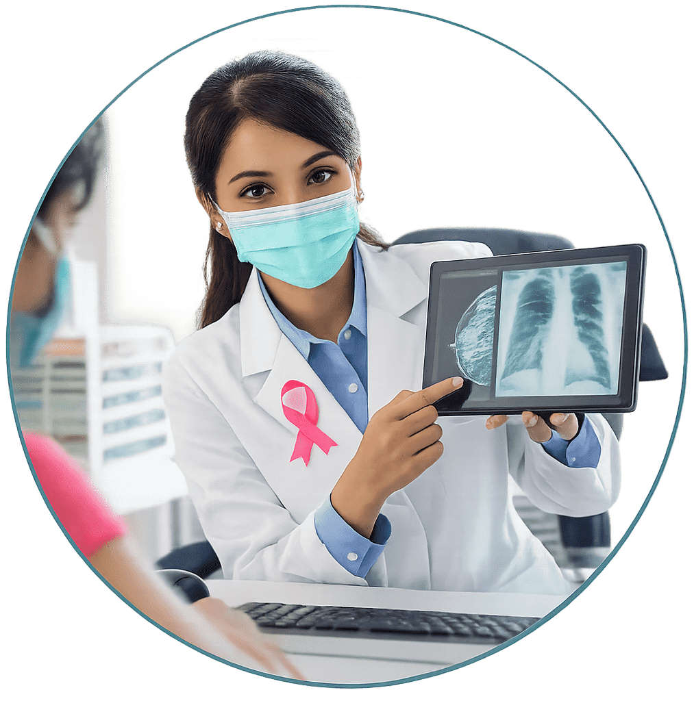 Doctor discussing lung scan results with a patient, representing physician-guided supportive cancer care and medical consultation.