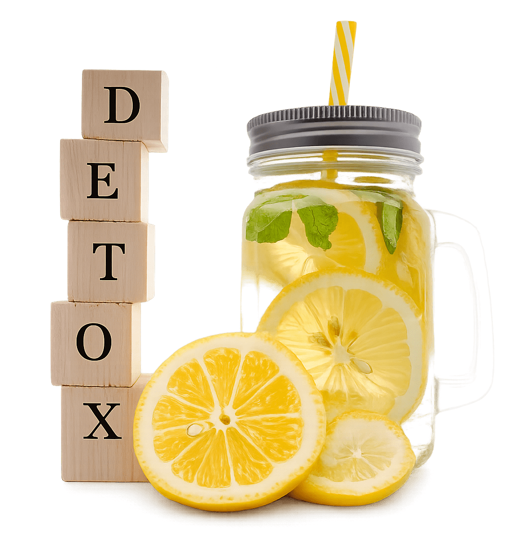 Lemon detox drink with fresh lemon slices and wooden blocks spelling detox representing natural body cleansing
